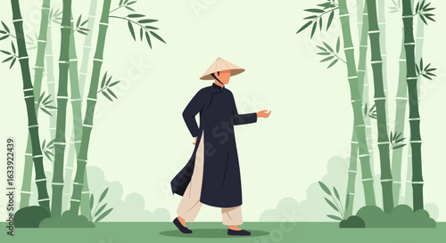 Vietnamese Man Walking Through Bamboo Grove In Traditional Dress Illustration