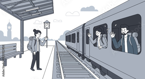 Waving Goodbye At Train Platform During Trip In London Vector Illustration