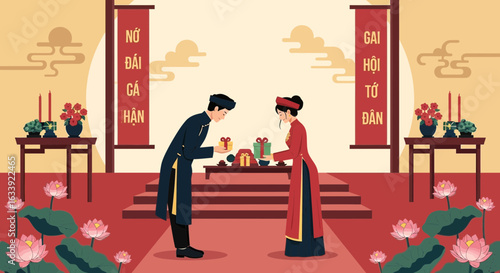 Vietnamese Traditional Wedding Ceremony Scene With Ao Dai Outfits And Gifts