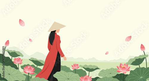 Vietnamese Woman Among Lotus Blossoms In Elegant Asian-Inspired Illustration