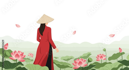 Vietnamese Woman In Traditional Dress Among Blooming Lotus Illustration