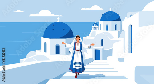 Welcoming Tradition A Woman In Traditional Clothes From Santorini Greece