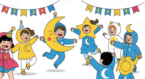 Whimsical Celestial Celebration Joyful Children Dressed Up In Moon And Star Costumes