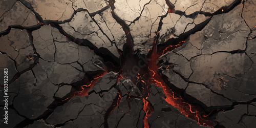 Burning earth cracks with hot magma and volcanic eruption elements.