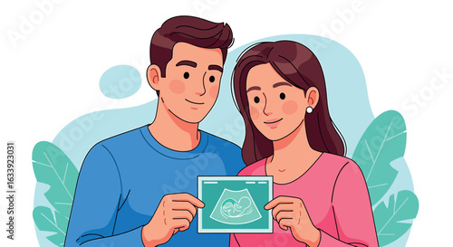 Happy Expectant Couple Holding Baby Ultrasound Scan Illustration