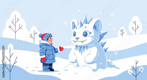 Winter Fun Boy Makes a Snow Sculpture of a Monster in Winter Landscape