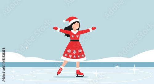 Winter Holiday: A Smiling Girl Ice Skating In A Festive Outfit Outdoors
