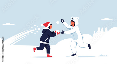 Winter Fun Illustration Of Kids Enjoying A Snowball Fight During Christmas Season