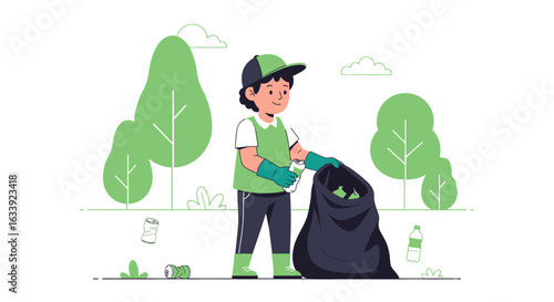 Voluntary Cleanup Action By Young Boy For A Sustainable Environment In Nature