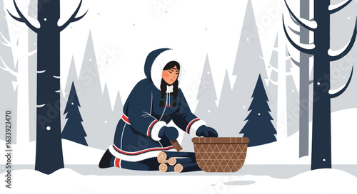 Winter Preparations A Woman Gathers Firewood In Snowy Forest Landscape