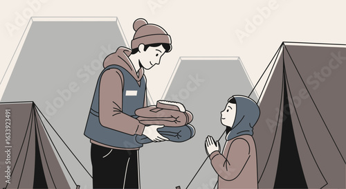 Volunteer Gives Blankets To Girl In Refugee Camp Showing Humanity And Help