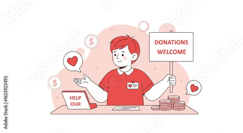 Volunteer Inviting For Donations Holding Sign With Positive Message And Kind Heart