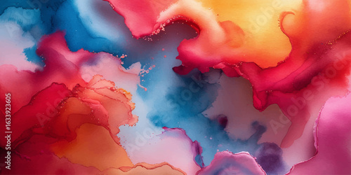 Vibrant Abstract Watercolor Ink Background in Red Blue and Orange Tones.