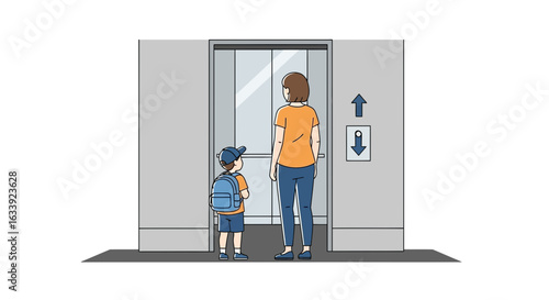 Waiting For Elevator With Mom Before School Day Start Illustration
