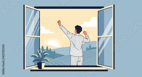 Waking Up To a New Day Man Stretching in Pajamas Enjoying Peaceful Morning