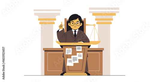 Wise Young Judge Presiding Over Trial In Courthouse Drawing Illustration