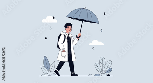 Walking Through Rain With Umbrella Person Illustration Graphic Design