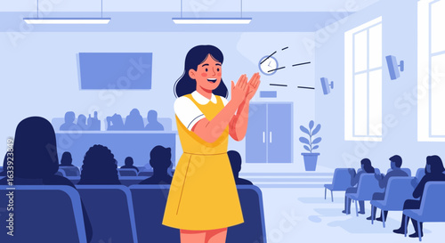 Woman Applauding In Front Of An Audience In An Auditorium Illustration