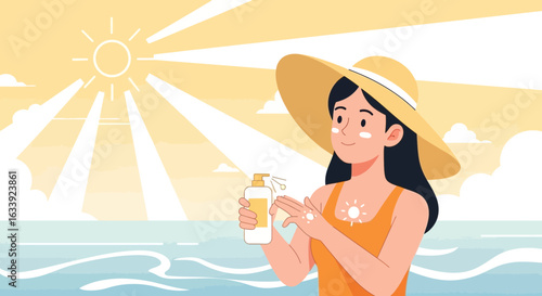 Woman Applying Sunscreen at the Beach For Summer Skin Protection