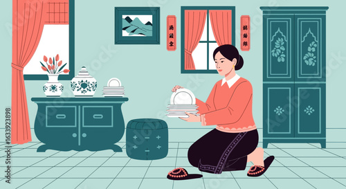 Woman Arranging Dishes At Home Illustrating Domestic Harmony And Cultural Elements