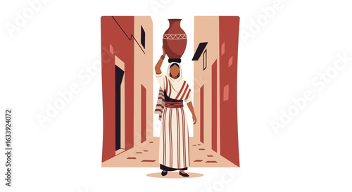 Woman Carrying Pottery In Traditional Middle Eastern Architectural Street