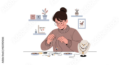 Woman Creates Handmade Jewelry Designs At Her Home Worktable For Sale