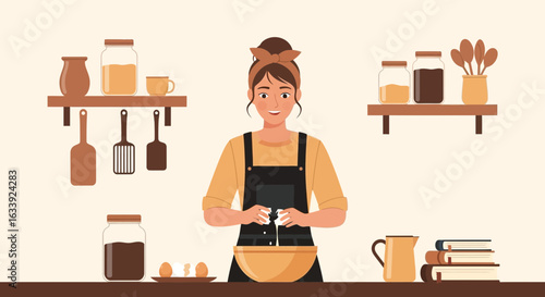 Woman Cracking Eggs into a Bowl for Baking in a Cozy Kitchen