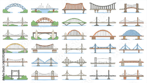 A collection of 30 stylized bridge illustrations arranged in 5 rows of 6 bridges each 
