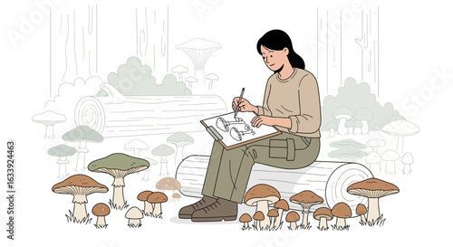 Woman Drawing Mushrooms In Forest Illustration For Mycological Study