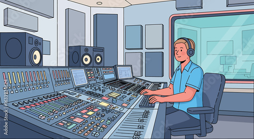 Professional Audio Engineer Working in Recording Studio Illustration