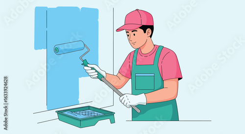 Man Painting Wall with Roller. Home Renovation, DIY, and Interior Improvement Concept Illustration.