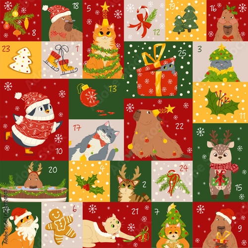 Advent calendar with Christmas decorations, cute animal characters wearing carnival costumes, ornaments. Countdown till Christmas. Vector cartoon illustration for seasonal decor. Square composition