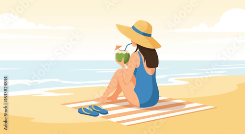 Woman Enjoying Refreshing Coconut Drink During Summer Vacation At The Beach