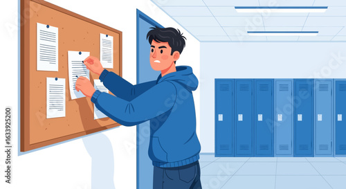 Worried Student Posting Flyers On Notice Board In School Hallway