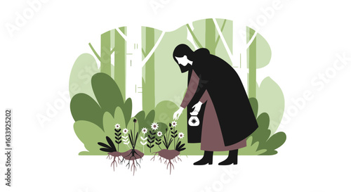 Woman Gathering Medicinal Herbs in a Forest for Natural Remedies and Wellness