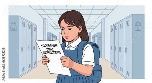 Worried Schoolgirl Reviews Lockdown Drill Guidelines In A School Hallway