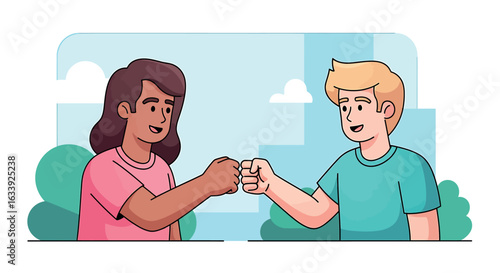 Fist Bump Greeting Between Diverse Friends Illustration