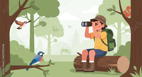 Young Adventurer Exploring Nature With Binoculars Discovering Wildlife In Forest