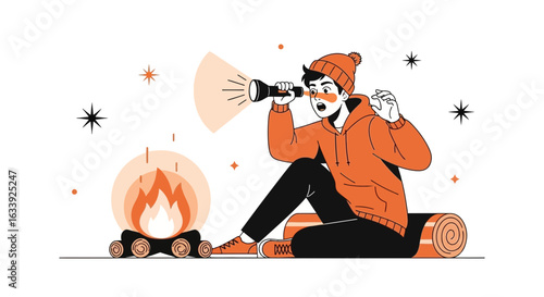 Young Adventurer Exploring Night Landscape With Flashlight Near Campfire