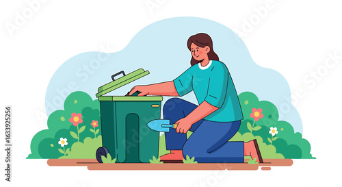 Sustainable Home Composting: Woman Gardening and Recycling Organic Waste Flat Illustration
