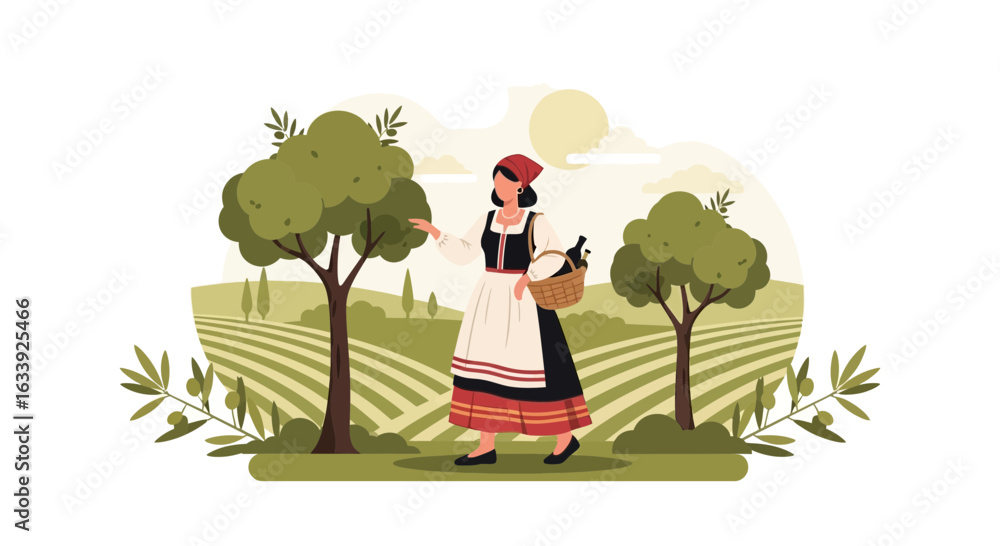 Fototapeta premium Woman Harvesting Olives On A Picturesque Farm Landscape At Sunset