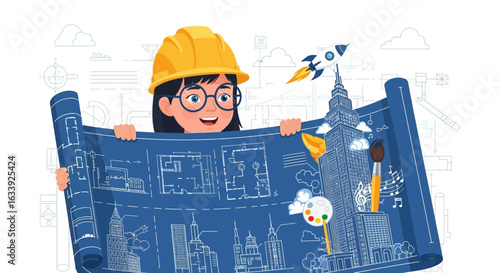 Young Architect Holding Blueprint Of City Skyline And Future Plans Concept