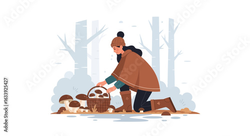 Woman Harvesting Mushrooms In Forest Illustration For Autumnal Designs