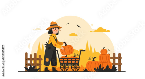 Woman Harvesting Fresh Pumpkins In Autumn Fall On Farmland Background