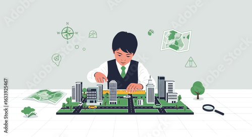 Young Architect Planning Future City Development Using Scale Model