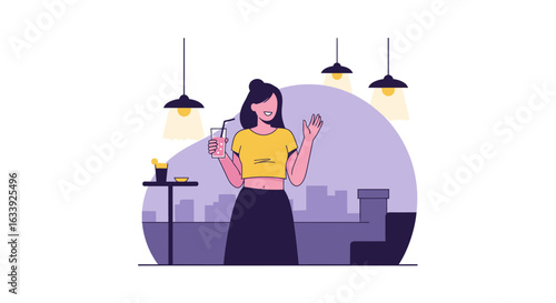 Woman In A Rooftop Bar Enjoying A Drink And Waving Hello