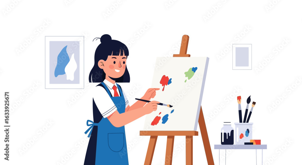 Young Artist Creating Colorful Abstract Painting On Canvas In Studio Young Artist Creating Colorful Abstract Painting On Canvas In Studio