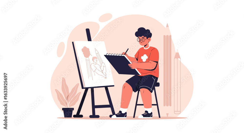 Fototapeta premium Young Artist Creating Masterpiece In His Atelier With Easel And Sketchpad