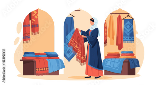 Woman In Hijab Shopping For Traditional Scarves At The Local Market Store