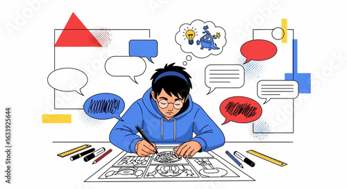 Young Artist Creating A Comic Strip With Dialogue Bubbles And Creative Ideas